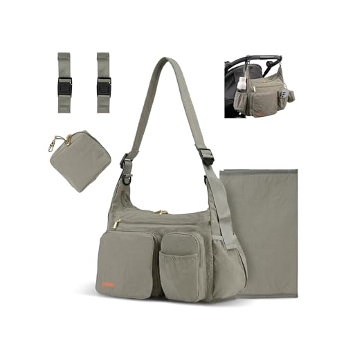 Puffy Crossbody Diaper Bag, 2-in-1 Stroller Caddy & Mom Purse, 13L Lightweight Travel Duffle Bag for Baby, Work Commute, Gym, Labor Delivery (Eucalyptus Gray)