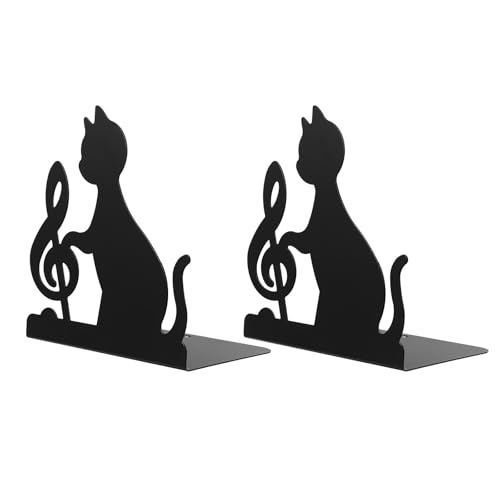 SUPVOX Sujetalibros Decorativos para Libros en Hierro Resistente, Diseño Creativo Gato Negro Músico, Par de Soportes para Libros para Oficina y Hogar, Organizador para Estantes y Estudio