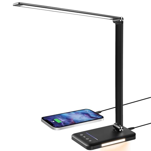Lámpara de escritorio, lámpara de mesa LED, 5 colores x 10 niveles de brillo regulable, 600 lúmenes, lámpara de lectura, función de carga USB, luz nocturna, función de memoria, control sensible, 6000