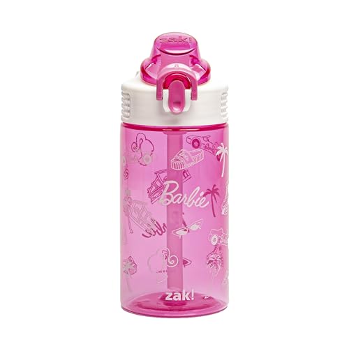 Zak Designs Barbie Sage Water Bottle For School or Travel, 16oz Durable Plastic Water Bottle With Straw, Handle, and Leak-Proof, Pop-Up Spout Cover (Barbie)