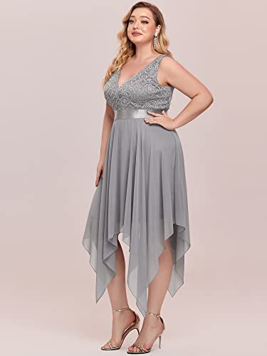 Image of Ever-Pretty Plus Women's V Neck Sleeveless Asymmetric Hem Lace Chiffon Short Summer Plus Size Wedding Guest Dresses Grey US14