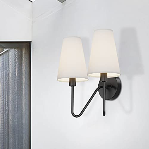 Electro Bp;Double Head Classic 2 Lights Wall Sconces Lighting Fixture Black With Beige White Linen Fabric Lamp Shades E12 80W Hardwire; #TOP5