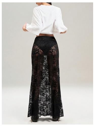 OYOANGLE Women's Sheer Lace Maxi Skirt Elastic Waist See Through Y2K Gothic Skirts3