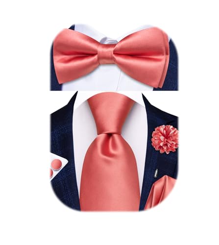 Image of Hi-Tie 5Pcs Mens Solid Color Silk Tie Satin Pretied Bowtie Lapel Pin for Men Handkerchief Cufflink Wedding Gift Box