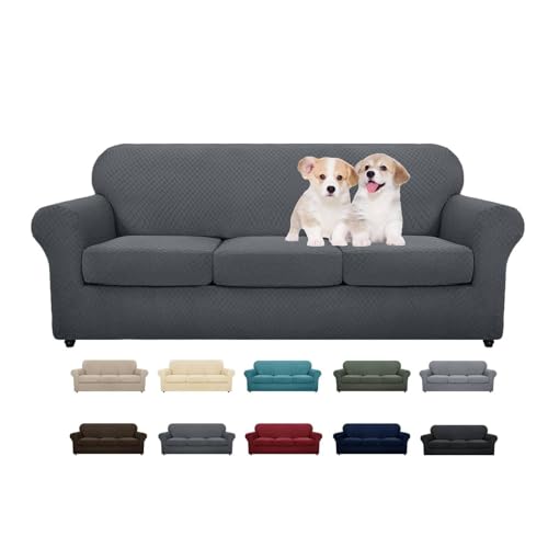 MAXIJIN 4 Piezas Nuevo Funda para Sofá Jacquard para 3 Plazas Super Elástica Antideslizante Protector Amigable con Mascotas para Sofá Elástico (3 Plazas, Gris Oscuro)