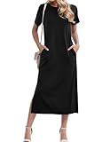 Cnlinkco Short Sleeve Dress for Women Plain Crew Neck T Shirt Dresses with Pockets Split Long Casual Summer Dresses Black M