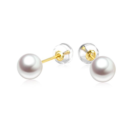 Real 18k Gold Pearl Stud Earrings for Women, Fine Jewelry for Her (7-10 MM Freshwater Cultured Pearl)