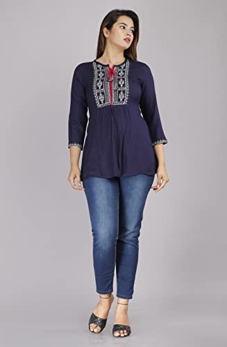 Image of Shiva Fab Short Kurti for Women | Embroidered Straight Rayon Kurta | Round Neck Full Sleeves Short Kurti for Women's