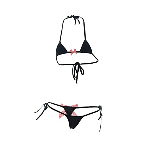 ABAFIP Women's Micro Tanning Bikini Kawaiii Japanese Anime Lingerie Set Cute Stripe Tiny Bra Tie Side Panty Bottom Extreme Swimsuit Swimwear Bathing Suit Black Bowknot One Size