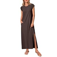 ANRABESS Vestidos maxi femininos casuais de verão 2026 manga cavada gola redonda dividida praia viagem férias vestido de verão longo com bolsos, Café escuro, XGG