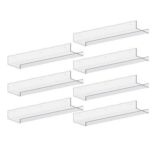 RLAVBL Clear Acrylic Shelves Wall Mounted Set of 7, 15'' Acrylic Floating Shelves for Vinyl Record Book Collection Action Figure Cosmetics in Bedroom, Living Room, Bathroom, Kitchen