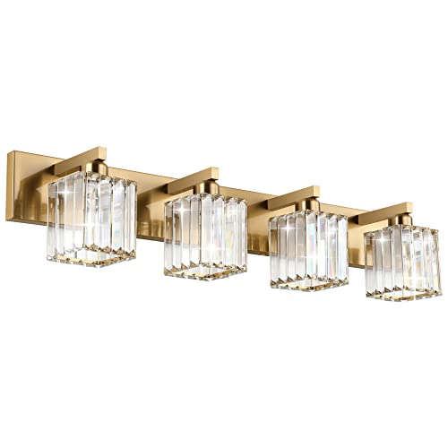 Aipsun Bathroom Lighting Fixtures Modern Crystal Vanity Light for Bathroom Brass 4 Light Bathroom Vanity Light (Exclude Bulb)