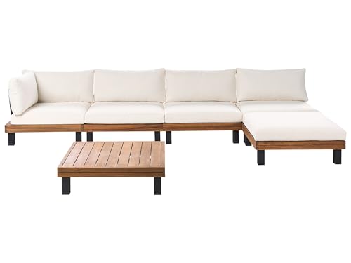 Beliani Conjunto de jardín con sofá esquinero Modular y Mesa de Centro de Madera de Acacia certificada Cojines de poliéster Blanco Crema Frazzano