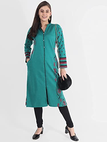 Image of Rosary Women's Winter Wear Jacquard Woolen Straight Kurti with 2 Side Pockets,RZ017FIROZI-L