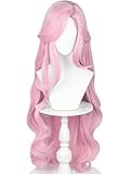 Long Curly Light Pink Pony Wig with Bangs Pastel Pink Anime Cosplay Wigs 39'' Syntehtic Hair for Women Halloween Party