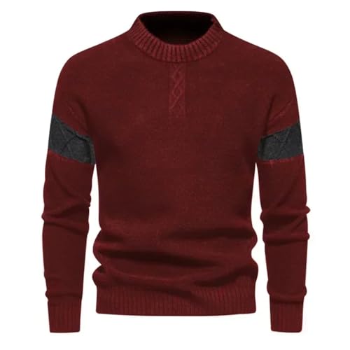 Men's Casual Jacquard Knitted Sweater Round Neck Slim Fit Warm Thick Sweaters Pullover M48-Red 3XL