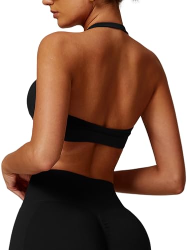 ABOCIW Women Seamless Halter Sports Bra Open Back Padded Gym Workout Crop Tank Tops Low Impact Bra