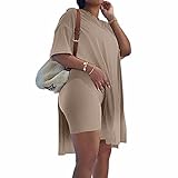 Plus Size Womens 2 Piece Outfits Tracksuits Short Sleeve Tunic Tops Bodycon Shorts Sweatsuit Sets Brown