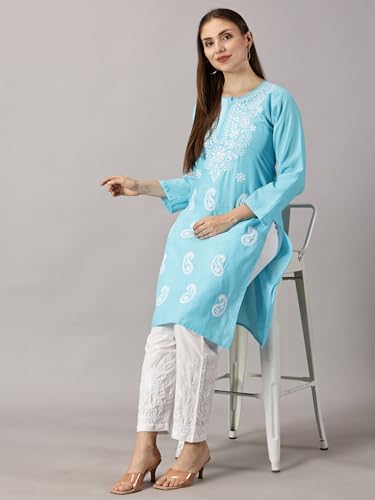 Image of FCH, Fashionable Chikan Handikraft Women's Cotton Lucknowi Chikankari Printed Straight Kurta for Regular Wear Girls Flared Kurta