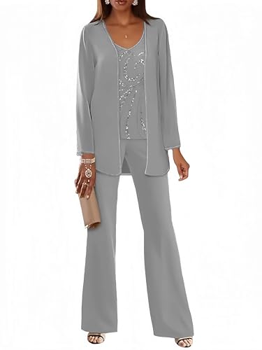 Plakend 3 Pieces Mother of The Bride Pant Suits for Women Dressy Chiffon Silver Formal Wedding Guest Outfit with Sleeves Size 14