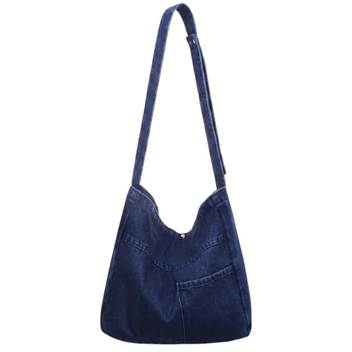 Image of Denim Shoulder Bag - Women's Retro Large Canvas Crossbody Tote Bag, Casual Style Lightweight