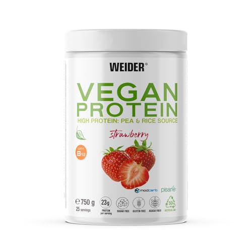 Weider Vegan Protein (750 g) sabor de morango. Proteína vegana 23 g/dose isolada ervilha (Pisane) e arroz. Vitamina B12 e Stevia. Sem glúten, sem açúcar. Bote 50% reciclado, 100% reciclável