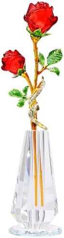 YWHL Handmade Red Rose Flower Crystal Figurine with Vase, Bouquet Glass Flowers Ornament Rose Gifts for Wife Girlfriend Women, Crystal Flower Home Table Decor for Valentine’s Day Anniversary Wedding
