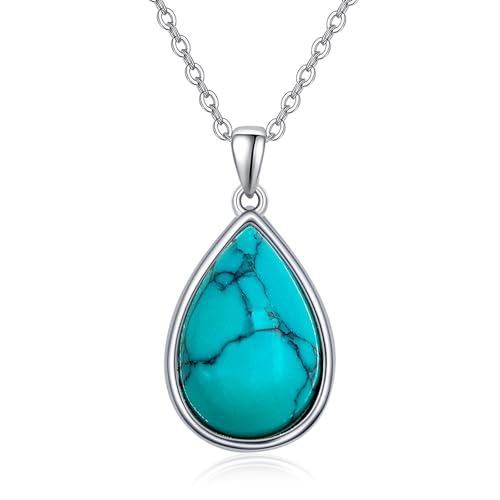 Genuine Turquoise Necklace for Women S925 Sterling Silver Pear Cut Turquoise Pendant Jewelry Gift for Mom Her