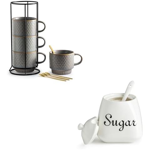 Gomakren Coffee Mugs Set of 4, 13 Ounce Stackable Coffee Mugs with Stand & Ceramic Sugar Jar Cover