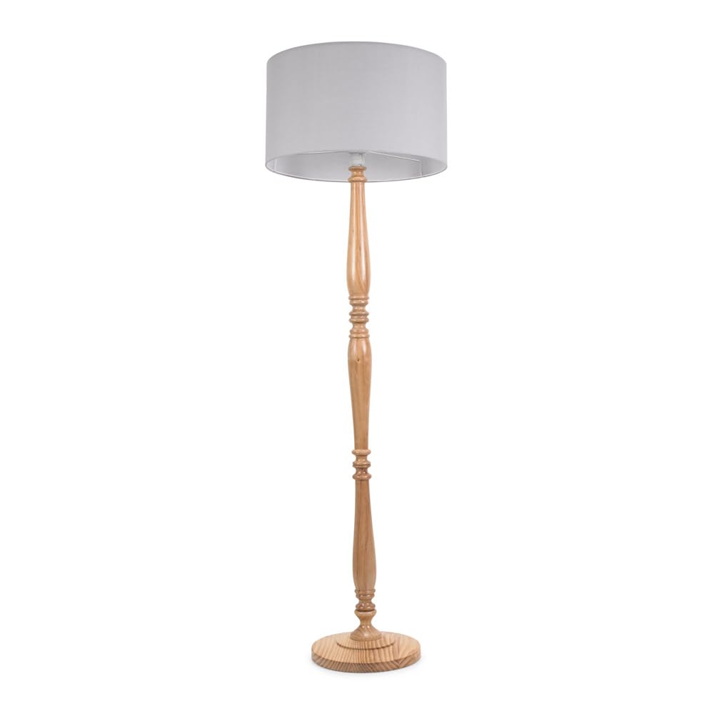 Valuelights Grey Victoria Light Wood Traditional Floor Lamp With Fabric Drum Shade & Led Bulb In