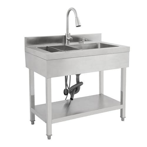 Lavando de acero inoxidable independiente, fregadero individual de cocina rectangular con pedestal, fregadero móvil para cocina, garaje, exterior(90x50x80 cm)