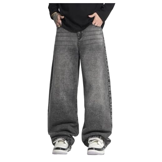 DFGIGT Calça jeans masculina folgada hip hop perna larga skater calça jeans casual solta calça longa streetwear, C12 cinza, PP