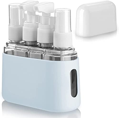 Madenia Travel Bottles Set Toiletries 50 ML Clear Air Travel Size Bottle 4 PCS Leak Proof Travel Liquid Containers for Cosmetic with Label and Storage Box, Light Blue, S