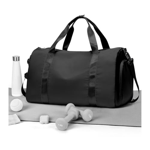 Gym Duffle Bag for Women Carry on Luggage Travel Essentials Airline Approved Personal Item 18x14x8 Inches Lightweight Weekender Sports Travel Duffel Bag with Shoe Compartment Wet Pocket Men Black