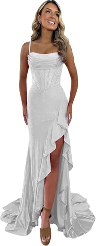 Sparkly Sequins Satin Mermaid Prom Dresses Long 2026 Spaghetti Straps Corset Ruffles Party Evening...