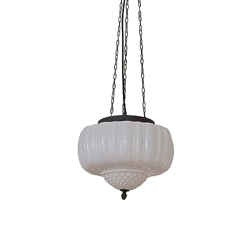 Lámpara Colgante de Estilo Retro, con Fuente de luz E27, de Cristal, Hierro y Forma de Calabaza, Color Blanco, Ideal para Dormitorio, Comedor y Sala de Estar.