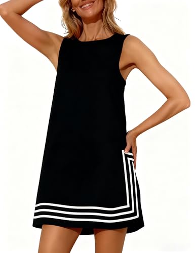 Image of Womens Summer Boho A-Line Mini Dress Sleeveless Sundress Color Block Beach Coverups