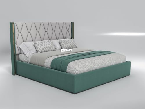 Image of Acacia Modern Upholstered King Size Bed with Hydraulic Storage for Bedroom | Wooden Furniture Double Beds for Home & Hotels, Platform Cot with Upholstery Fabric, 6.5 x 6 Ft, Sheesham Wood, White-Green