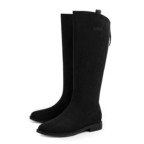 Image of Modatope Knee High Boots Women Rounded Toe Flat Retro Bais Opening Low Chunky Heel Riding Boots