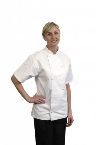 White Short Sleeve Chef Jacket with Studded Fastening, Extra Small (XS) Unisex Chef Clothing
