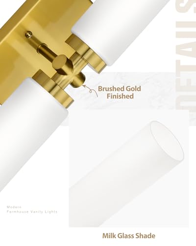 Image of Emak 21 Inch Brushed Gold Bathroom Light Fixtures, 2-Light Vanity Lights with Milk Glass Shade, Modern Wall Sconce for Bathroom, Mirror, VL086-BGD-ML-2