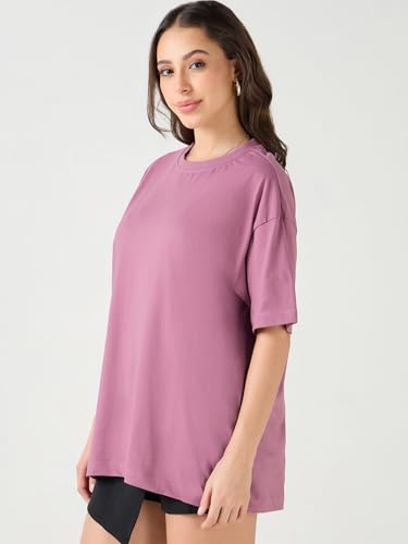 Image of Bewakoof Women's Solid Oversized Fit Half Sleeve Round Neck Cotton Jersey T-Shirt