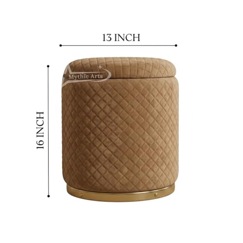 Image of Premium Round Storage Ottoman Stool 13 X 13X 16 inch, with Gold Metal Base | Luxury Pouffe with Hidden Storage | Cushioned Footrest for Living Room, Bedroom & Lounge Coffee