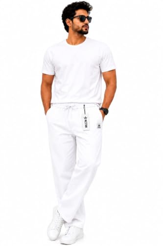 Image of MCSTAN Men's Linen Blend Cotton Pants Casual Relaxed Fit Lightweight Summer Trousers with Elastic Waist Drawstring and Pockets Beach Vacation Holidays