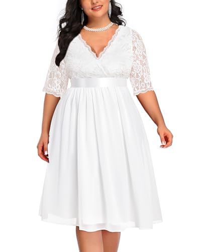 Image of Pinup Fashion Plus Size Lace Chiffon Wrap V Neck Dresses Women Cocktail Wedding Guest Midi Dress