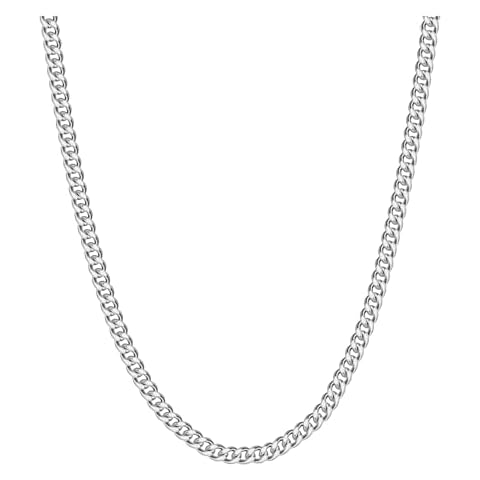 Reoxvo Silver Chains for Men, Silver Necklaces Mens Stainless Steel Cuban Link Chain Necklace for Men 5 mm Neck Chain Jewelry Accessories for Men 20 inch Cover