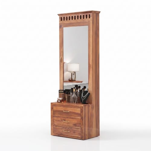 Image of SONA ART & CRAFTS Solid Sheesham Wood Dressing Table with Storage Mirror & 3 Drawers, & 1 Door Storage for Living Room Bedroom Wooden Make Up Vanities Dresser for Bedroom Home (Natural Finish)