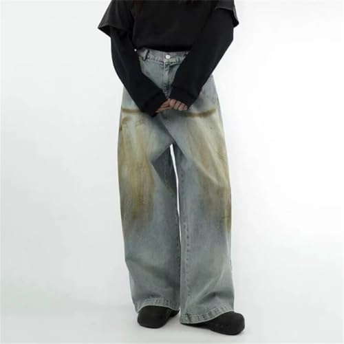 Men's Yellow Mud Washed Jeans, Loose Fit, Straight Leg, Gradient Color, Summer Denim Pants4