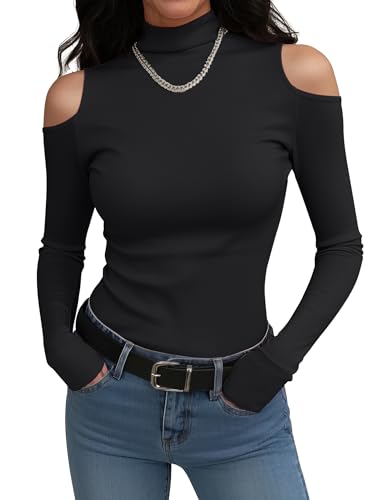 Prettywear Women Long Sleeve Shirts Mock Turtle Neck Fitted Tops Cold Shoulder Sexy Thermal T Shirt 2025 Trendy Fall Tee