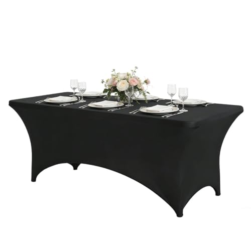 Image of CWK 6FT Stretch Spandex Table Cover for Rectangular Tables - Elastic Fitted Tablecloth for Folding Tables, Wrinkle Resistant, Durable Table Protector for Parties,Weddings,Banquets &Events (Black)